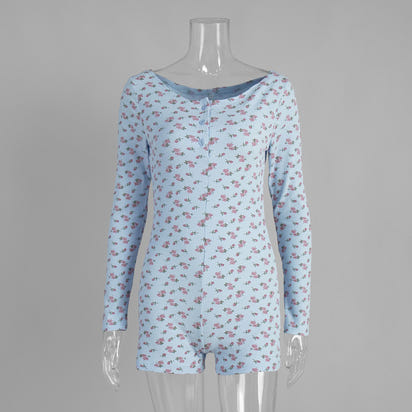 Printed Long-sleeve Jumpsuit Pajamas With Printed Shorts