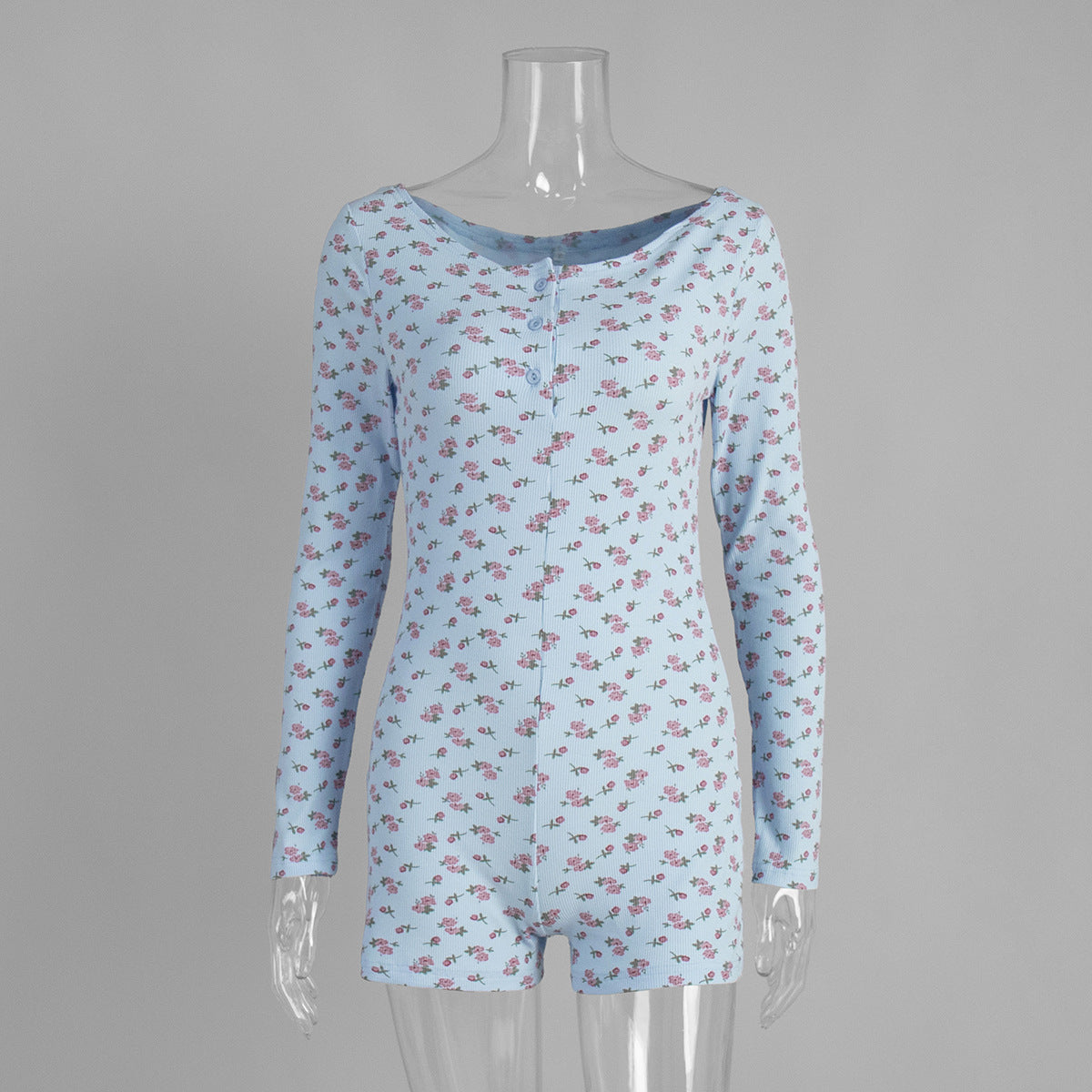 Printed Long-sleeve Jumpsuit Pajamas With Printed Shorts