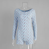 Printed Long-sleeve Jumpsuit Pajamas With Printed Shorts