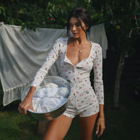 Printed Long-sleeve Jumpsuit Pajamas With Printed Shorts