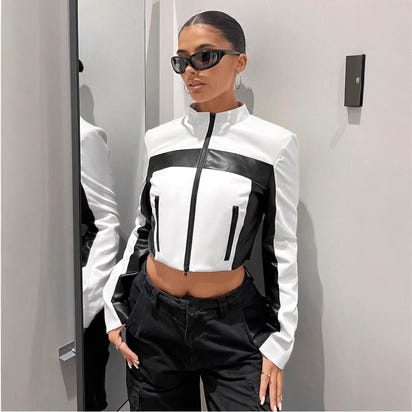 Black And White Contrast Color Leather Coat Women's Zipper Short Slim Jacket