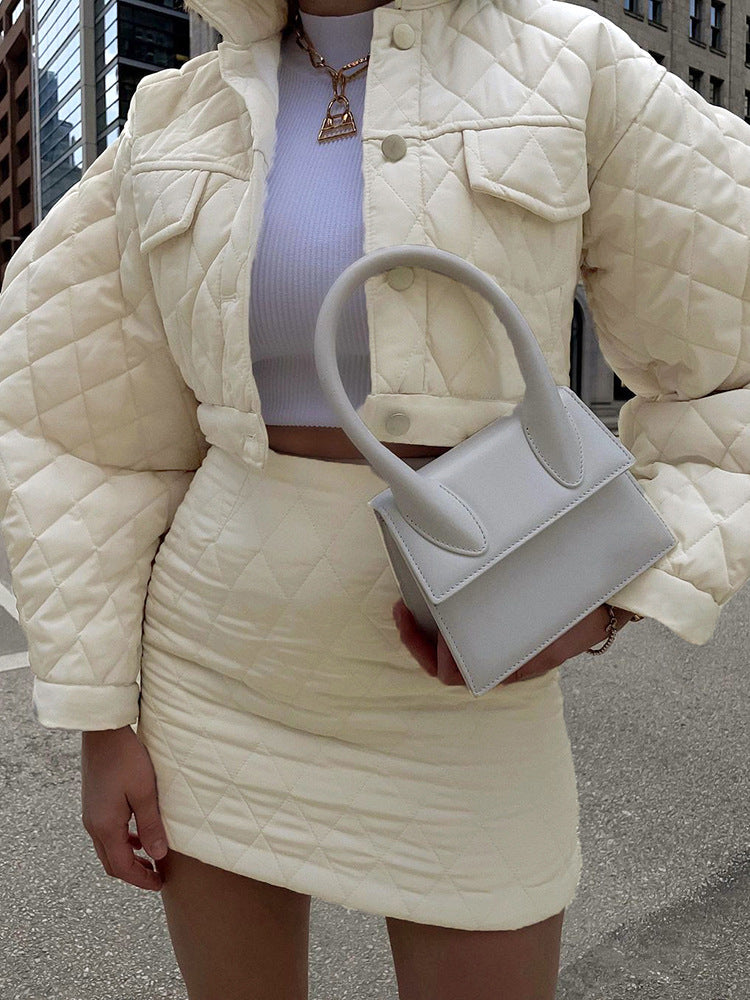 Buckle Lapel Long Sleeve Cotton Jacket Top Women's Casual Skirt Suit