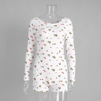 Printed Long-sleeve Jumpsuit Pajamas With Printed Shorts