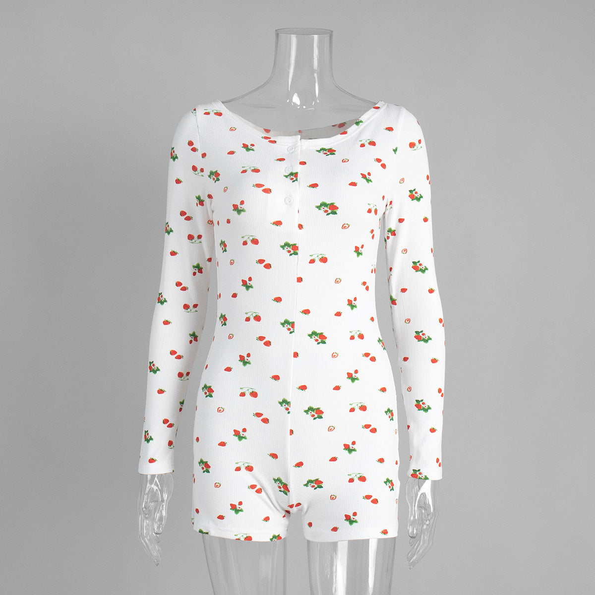 Printed Long-sleeve Jumpsuit Pajamas With Printed Shorts