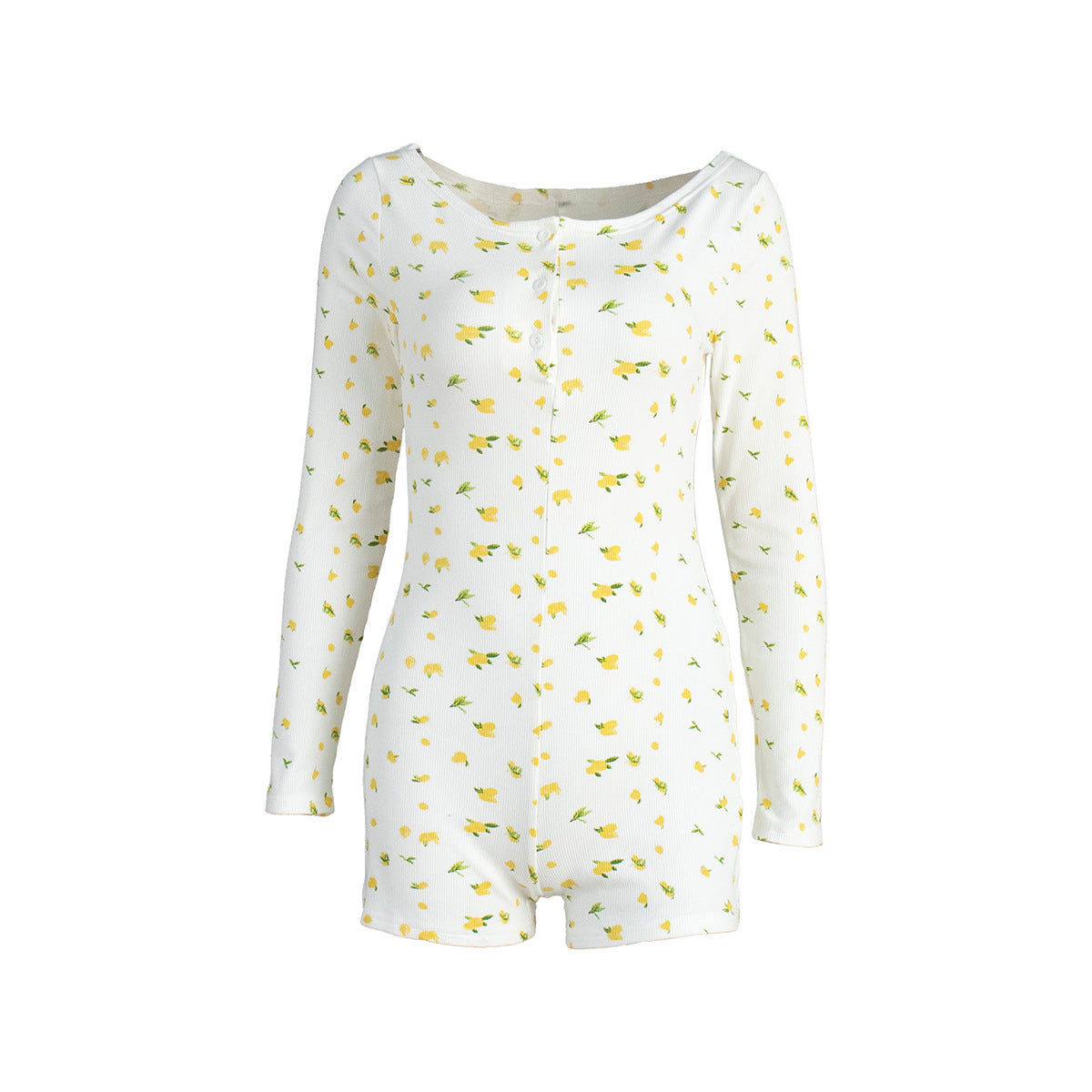 Printed Long-sleeve Jumpsuit Pajamas With Printed Shorts