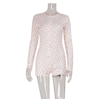 Casual Home Wear Printed Long-sleeve Waist-cinching Jumpsuit