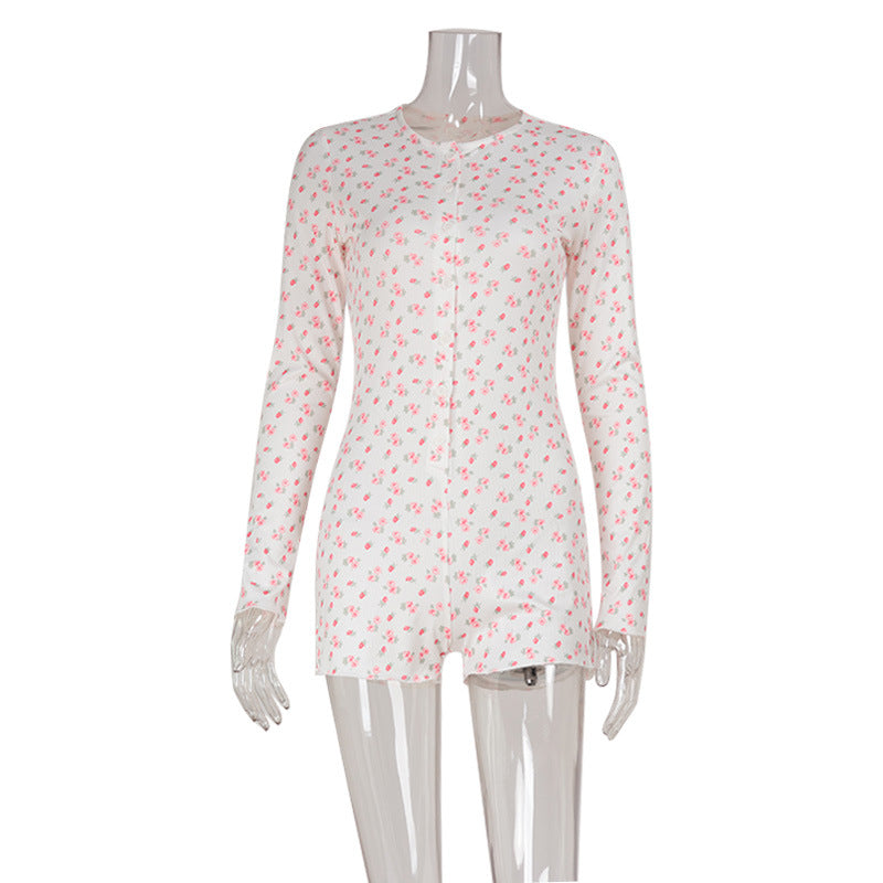 Casual Home Wear Printed Long-sleeve Waist-cinching Jumpsuit