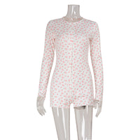 Casual Home Wear Printed Long-sleeve Waist-cinching Jumpsuit