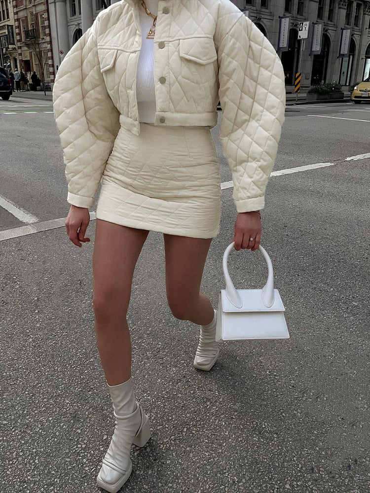 Buckle Lapel Long Sleeve Cotton Jacket Top Women's Casual Skirt Suit