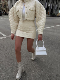 Buckle Lapel Long Sleeve Cotton Jacket Top Women's Casual Skirt Suit