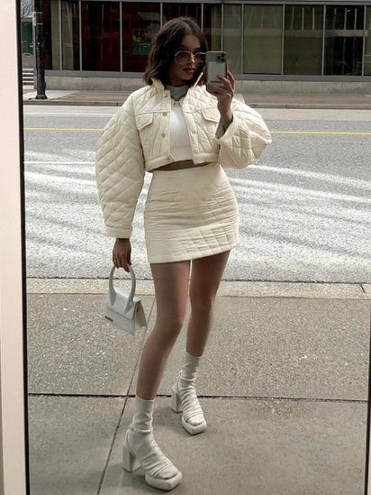 Buckle Lapel Long Sleeve Cotton Jacket Top Women's Casual Skirt Suit