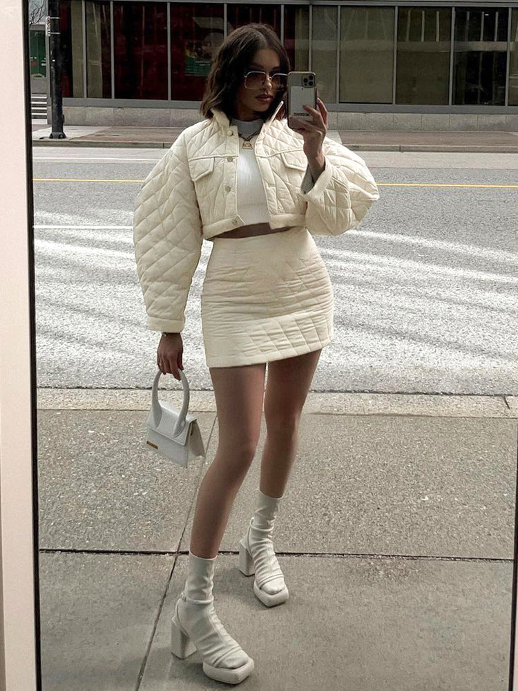 Buckle Lapel Long Sleeve Cotton Jacket Top Women's Casual Skirt Suit