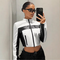 Black And White Contrast Color Leather Coat Women's Zipper Short Slim Jacket