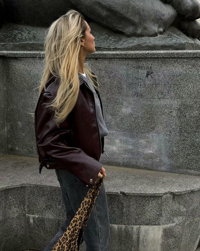 Solid Color Lapel Zipper Jacket Fashion Casual Long Sleeve Leather Coat Tops Women Clothing