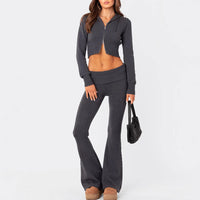 Women's Solid Color Slim Fit Short Hood Top Casual Pants Suit